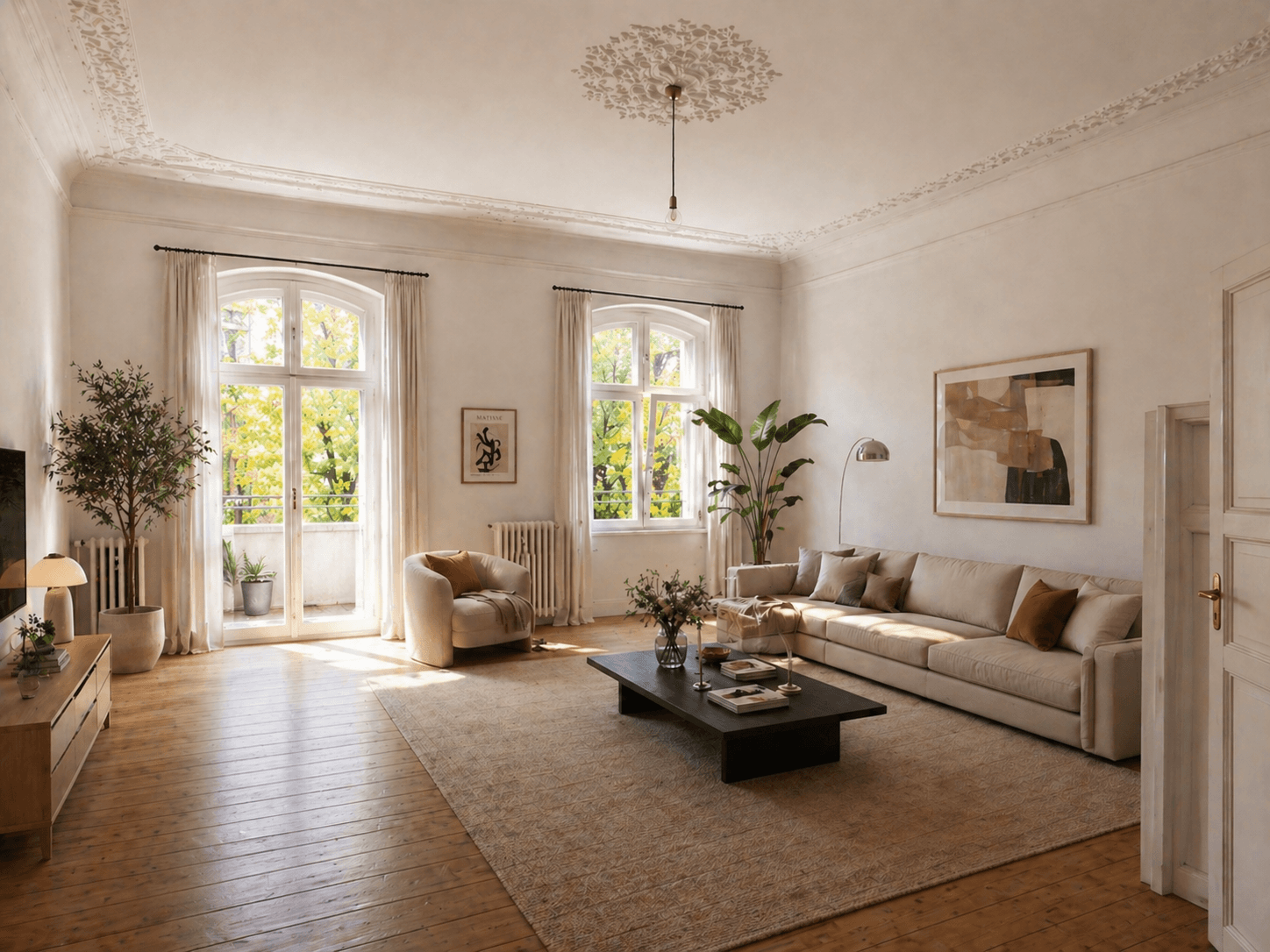 KI Virtual Staging – Altbau-Wohnzimmer nach der Möblierung