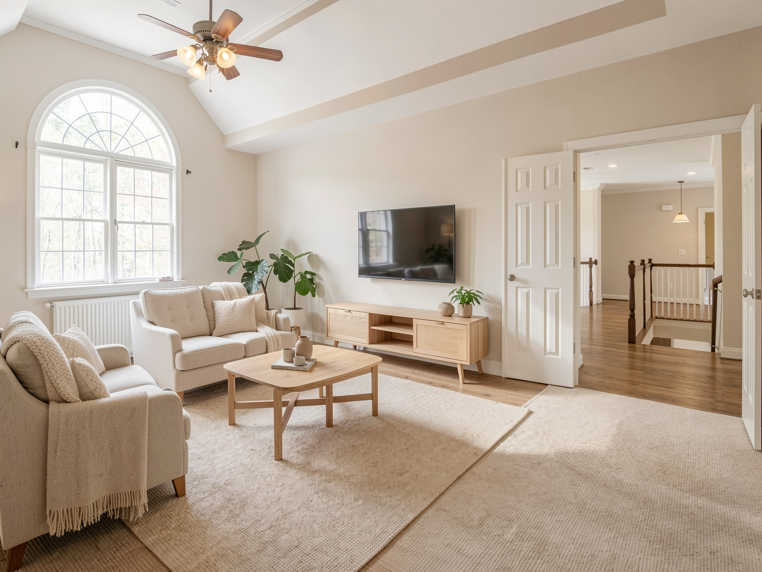 Leeres Wohnzimmer nach KI Virtual Staging – fertig möbliertes Inseratsbild